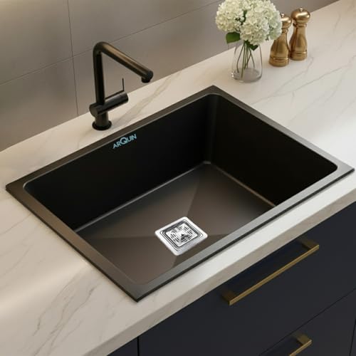 Image of ARQUIN Quartz Sink 24x18x9 Inch Black | Single Bowl Sink | Durable & Scratch-Resistant | Undermount /Topmount Including Coupling, Waste Pipe & Fruit Washing Basket