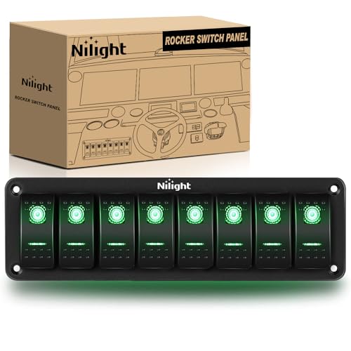 Image of Nilight 8 Gang Rocker Switch Panel 5Pin On Off Toggle Switch Aluminum Holder 12V 24V Dash Pre-Wired Green Backlit Switches for Automotive Cars Marine Boats RVs Truck, 2 Years Warranty