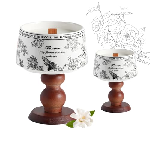 Handmade Soy Scented Candle Set of 2 -Vintage Ceramic Jar with Natural Wood Base, Fresh Camellia Fragrance, Aromatherapy Candles for Bedroom, Home Decor,Spa & Housewarming Gifts(Black 5Oz,Non-Toxic)