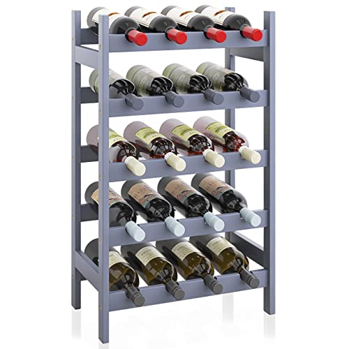 SMIBUY Bamboo Wine Rack, 20 Bottles Display Holder, 5-Tier Free Standing Storage Shelves for Kitchen, Pantry, Cellar, Bar (Grey)