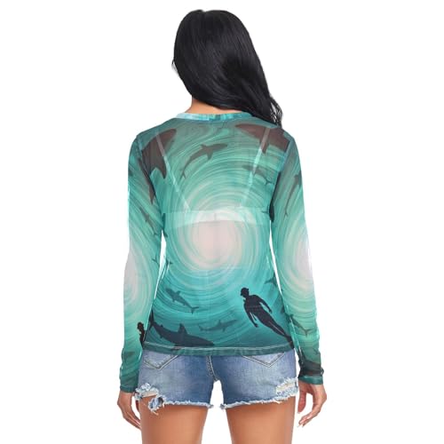 Top de malla para mujer, diseño Hammerhead Sea Dog bajo el océano azul, para amantes del buceo, top transparente con cuello O miniatura 6