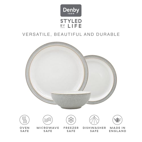 Denby - Elements Light Grey Dinner Set For 4 - 12 Piece Ceramic Stoneware Tableware Plate & Bowl Set - Dishwasher Microwave Safe Crockery - 4 x Dinner Plates, Medium Plates, Cereal Bowls - Image 4