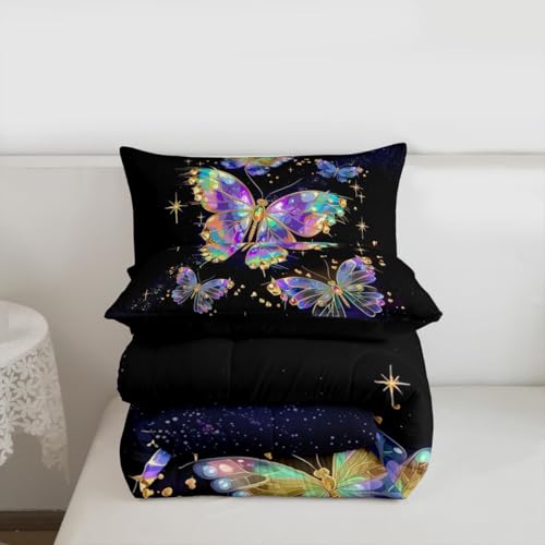 Image of Erosebridal Flying Butterflies King Size Comforter Set for Kids Teens Adults,Starry Sky Galaxy Bedding Sets,Colorful Rainbow Butterflies Duvet Insert,Wildlife Quilt Bedroom Decor