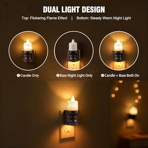 Image of Meonum Flickering Flameless Candle Night Light Plug in, Dimmable LED Nightlight with Dusk to Dawn Sensor, Decorative Candle Light for Bedroom, Hallway, Bathroom (1 Pcs,Warm Yellow & Brown Base)