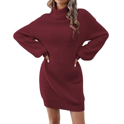 Image of Women's Turtleneck Textured Lantern Sleeve Ribbed Knit Mini Dress Pullover Oversized Sweater Dresses S-XL