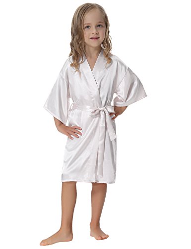 Aibrou Kids' Satin Kimono Robe Bathrobe Nightgown for Spa Party Wedding Birthday White