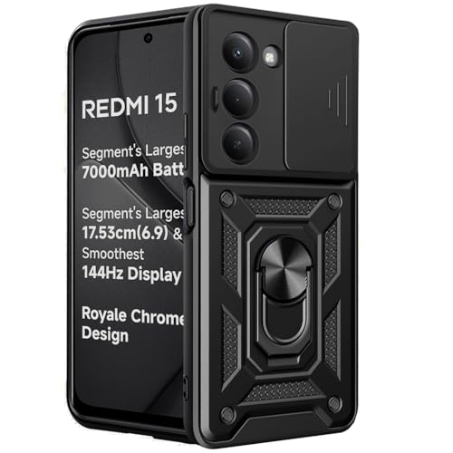 Image of TheGiftKart Tough Armor Bumper Back Cover Case for Mi Redmi 15 5G | Sliding Camera Cover, Kickstand & Ring Holder | 360 Degree Protection Back Cover Case for Redmi 15 5G (PC & TPU, Black)