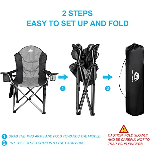 Mouthen Padded Camping Chair Oversized Heavy Duty Camp Chair Supports 400 Lbs, Outdoor Camp Chair With Lumbar Back Support,Cooler Bag,Head Pocket (Black & Grey) #TOP7