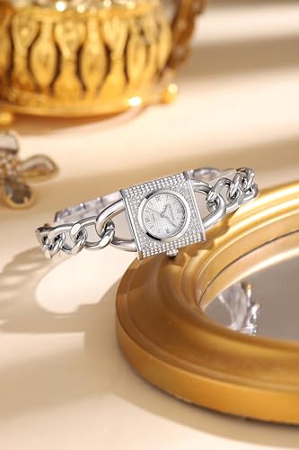 Image of Giordano Analog Quartz Watch for Women with Textured Square Dial, Crystal Studded Bezel, Blue Crown, Stainless Steel Strap - GZ-60160