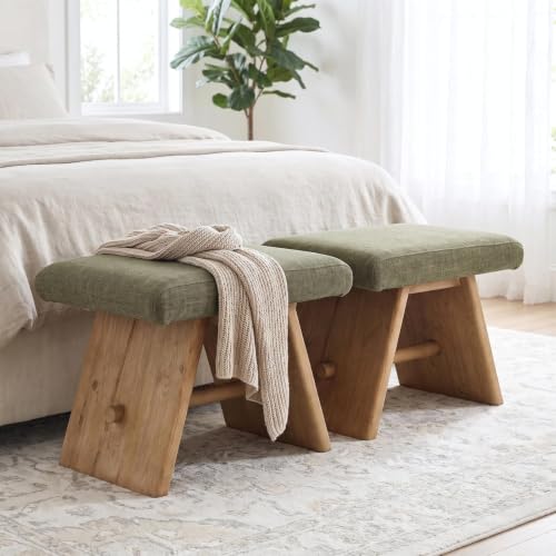 DM Furniture Upholstered Green Ottomans Set of 2, Reclaimed Pine Wood