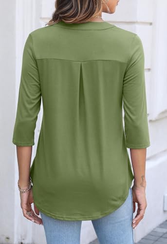 Halife Womens Tops 3/4 Sleeve Zip Business Casual Dress Blouses Summer Fashion 2025 Olive Green L - Thumbnail 4