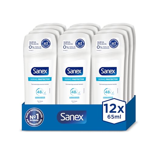 Sanex Dermo Protector Desodorante Stick para Mujeres y Hombres, Pack 12 uds x 65ml, hasta 48H de Protección Contra Olores, Restaura el pH Natural de la Piel, Dermatológicamente Testado
