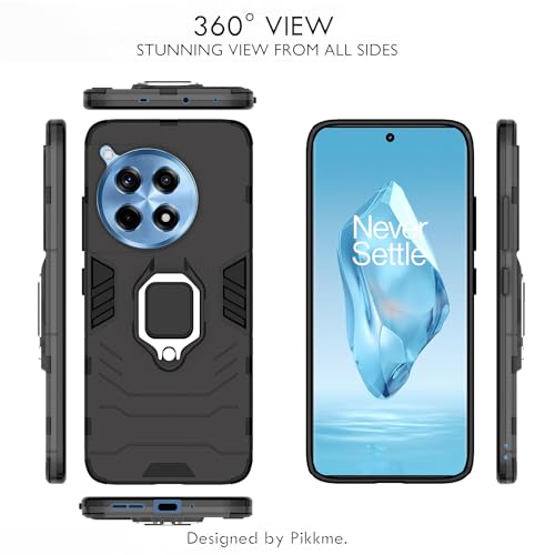 Image of Pikkme OnePlus 12R 5G Back Cover | D5 Tough Armor Bumper | 360 Protection Case | Ring Holder Stand Case for OnePlus 12R 5G (Black)