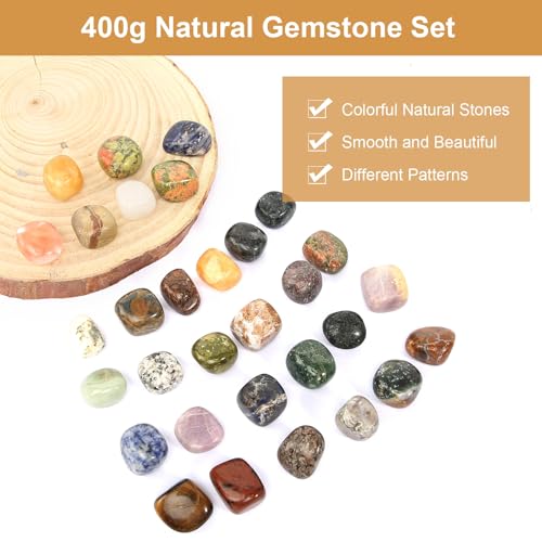 AOROPS Edelstein Set, 400g Bunte Naturstein Trommelsteine 2-3cm, Groß Edelsteine Bunte Steine mit Schwarzen Stoffbeutel Halbedelsteine Mischung für Dekoration Schatzsuche