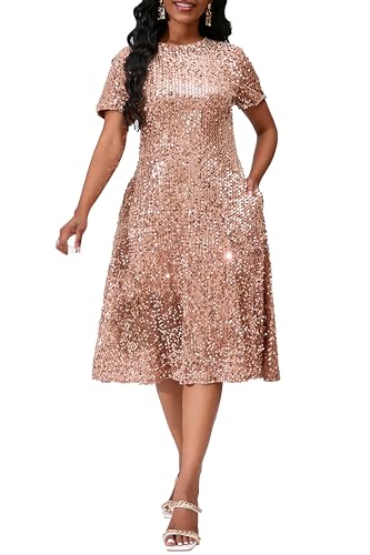 Image of Sequins Glitter Short Sleeve Women's Maxi A-line Dress - Sparkly Party Elegant