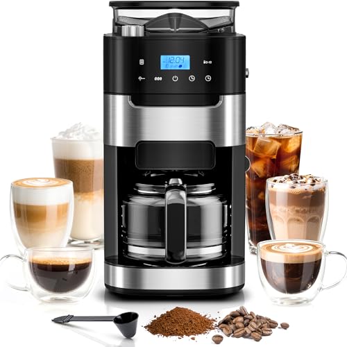 Kismile 10 Cup Drip Coffee Maker with Grinder Built In, Adjustable Grind & Brew Strength, 24H Timer,...