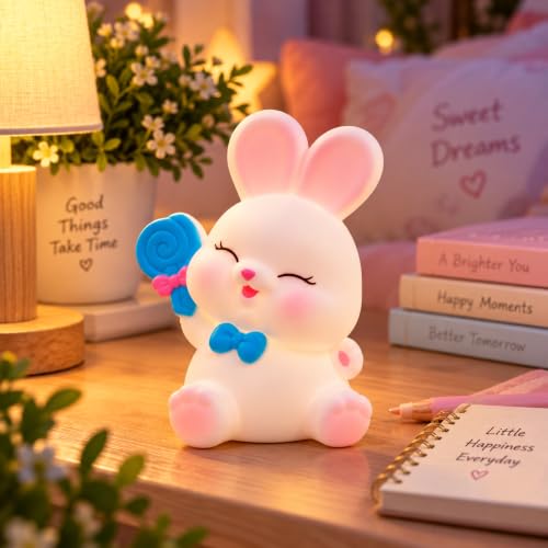 Image of Cute Lollipop Bunny Night Light Lamp Battery Operated Table and Desk Decorations Gift Pandas (Lollipop Bunny)