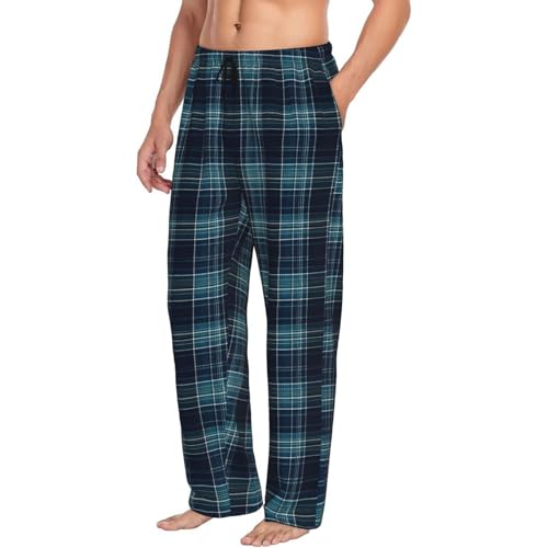 Mens Pajama Pants - Vintage Navy Check Print Soft Sleep Lounge Pants For Men, Casual Pj Bottoms With Pockets