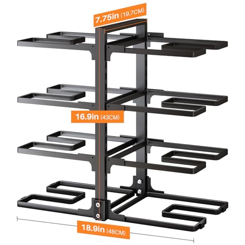 SAYZH Pots and Pans Organizer, Adjustable and Snap-on Saucepan Rack for Cupboard, Pan Organizer for Kitchen Organization & Storage, Rustproof Pot Organizer, Upgraded Design (Black 8 Tier)