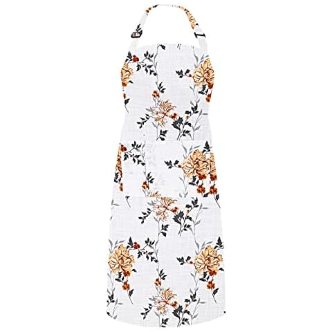 Ruvanti Chef Aprons for Women 100% Cotton Durable Kitchen Apron with Pockets , Plus Size Adjustable Neck Strap, Long Ties, Grey Floral Apron, Thanksgiving , Christmas , Cooking , Baking , Painting Cover