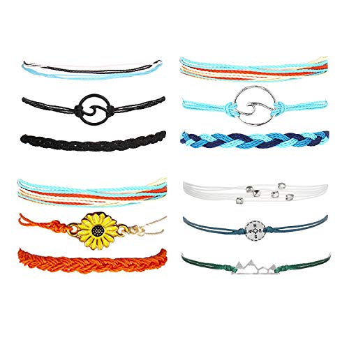 Long tiantian Vsco Bracelets Ocean Wave Bracelet Adjustable Waterproof Handmade Strand Braided Rope Summer Sunflower Bracelet Set Christmas Jewelry Gift for Women Teen Girls
