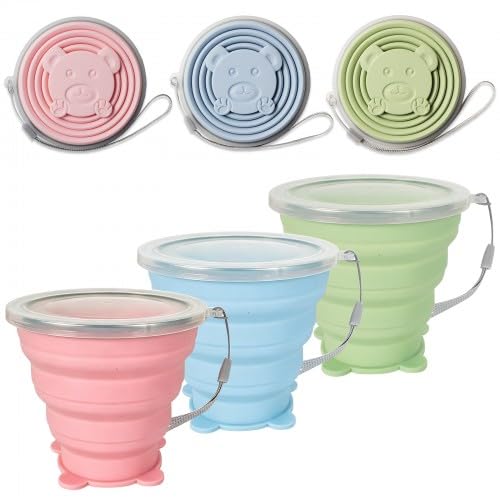 Pack de 3 Vasos Plegables de Silicona 180ml con Tapa, Taza de Viaje Portátil y Reutilizable Sin BPA, Vaso Extensible para Camping, Senderismo, Oficina y Deportes al Aire Libre (Rosa, Azul, Verde)