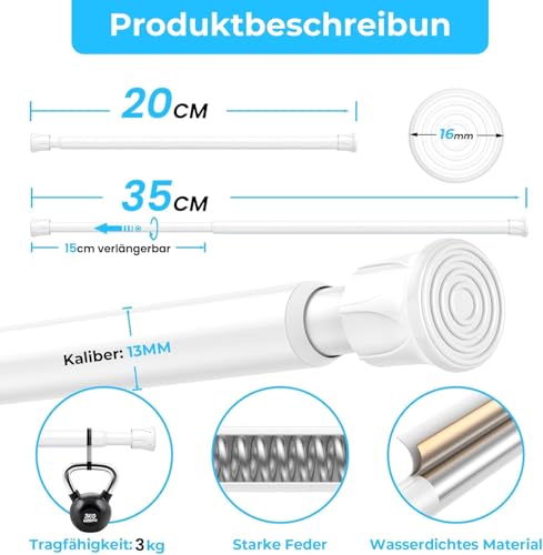 AIZESI 2 Stück Gardinenstange ohne Bohren 20 bis 33cm Weiß, Ø13mm duschstange ohne bohren, Klemmstange zur Anbringung von Gardinen für Fenster, Küche, Kleinere Schränke, und Badezimmer