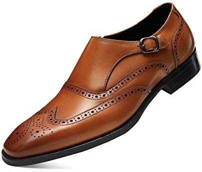 FRASOICUS Men ’s Dress Shoes Genuine Leather Monk Strap Wingtip Formal Shoes Slip-On Loafer 8 Brown