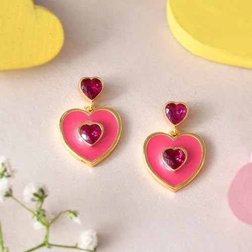 Pink Heart Drop Earrings Gift For Her Valentines For He