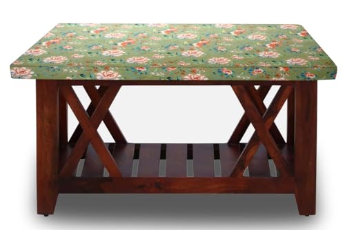 Image of The Furnishing Tree Elastic Cotton Square Center Table Cover 18x18 in Inches Floral Multicolor on Greenish Base
