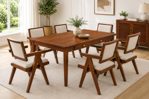 Image of Solid Sheesham Wood 6 Seater Dining Table Set with 2 Drawers & Cushioned Back Chairs | 57 x 32 x 30 Inch Wooden Dining Table for Dining Room, Kitchen & Home | Dark Honey Finish