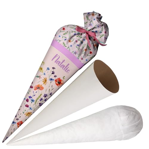 Schultüte Blumen vom Feld für Mädchen Personalisierte Tüte aus Stoff 70 cm Zuckertüte mit Namen runde Papprohling und Füllung aus Silikonkügelchen große Tüte als Kissen [149]