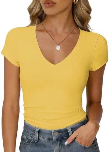 RIROW Damen Sommer T-Shirt V-Ausschnitt Kurzarm Rippstoff Slim Fit Basic | Weiches Hautgefühl, atmungsaktiv elastisch, Gerippte Oberteile, Elegantes Rippshirt, Figurbetont, Casual,