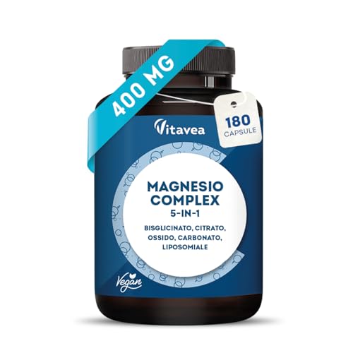 Magnesio Completo - 400mg - 5in1 + Vitamina B6 - Trattamento 2 Mesi | Bisglicinato - Citrato - Ossido - Carbonato e Liposomiale - Riduce Stanchezza e Affaticamento - 180 Capsule - Vitavea