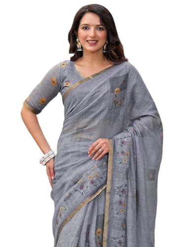 Image of SIRIL Women's Cotton Linen Printed Zari Border Saree with Unstitched Blouse Piece