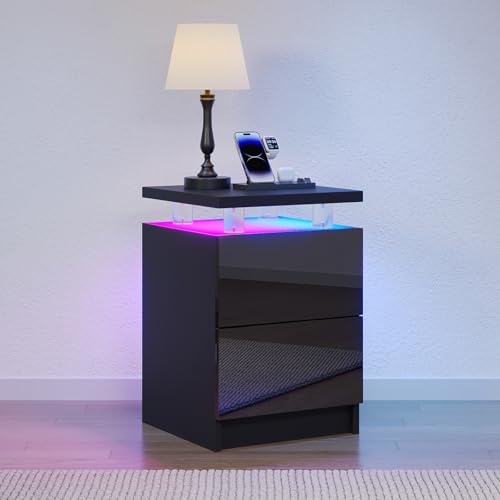 Nordivale Beside Table with RGB LED Lights Bedside Cabinet with 2 Drawers Bed Side Table for Bedroom Living Room Black 1 Pack