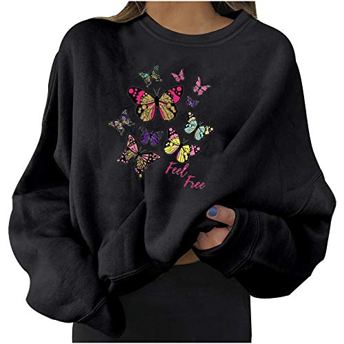 Generisch 2026 Casual Long Sleeve Butterfly Print Women's Sweatshirts Tops, black, 3XL