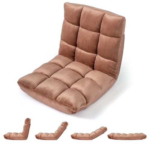 Image of Giantex Folding Floor Chair with Back Support, 14 Adjustable Position, Padded Sleeper Bed, Couch Recliner, Gaming Video Chairs for Adults, Meditation, Living Room (Brown)