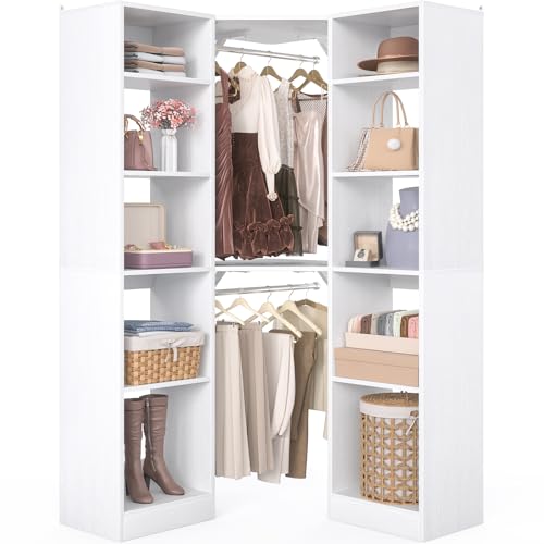 Corner Closet System With 12 Shelves, 40″ Large Organizer With 2 Hanging Rods, Versatile 6-Tier Walk-in Closet for Corner Space, White