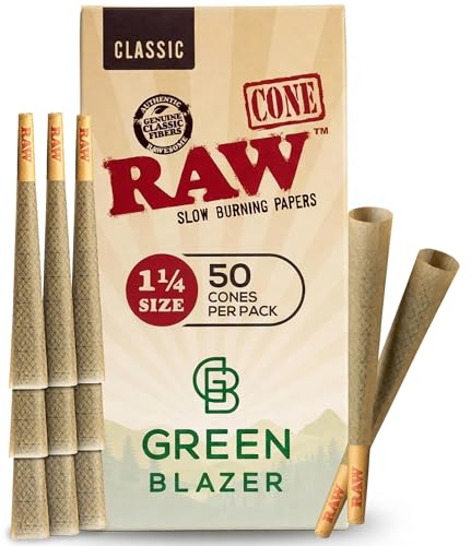 RAW Cones 1 1/4 Size: 50 Pack Patented Slow Burning Pre Rolled Rolling Papers & Tips, Classic Raw Paper, 84mm