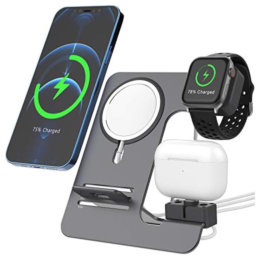 3 in 1 Stand , Aluminum Charger Holder, Compatible with MagSafe Charger Accessories for Apple Watch AirPodsPro iPhone 12ProMaxMini, Cell Phone Dock, Gray