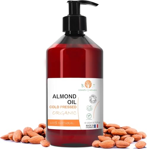 Aceite de Almendras Organico, Prensado en Frio, Puro, 100% Natural. Masaje Profesional, Cabello y Pestañas, Hidratante Corporal (Manos, Uñas) Facial (Antiedad), Estrias Embarazo - 250 ml