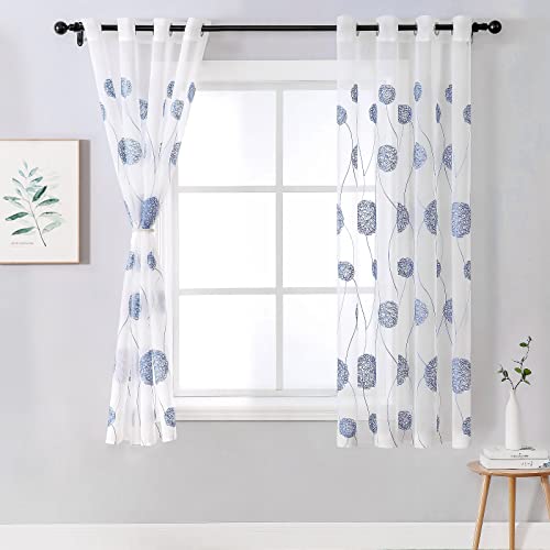 MIULEE Embroidery Sheer Curtains Flora Design Grommet Window Curtain Semi Voile Drapes Panels with Eyelets Window Treatments for Living Room Bedroom 2 Panels 55" W x 69" L Navy - Image 2