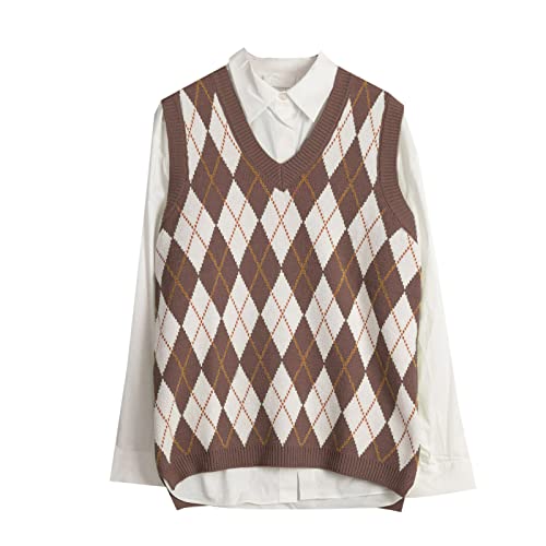 Hyipels Sweater Vest Women,Sleeveless V Neck Argyle Plaid Long