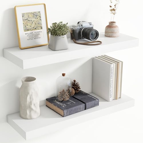 Image of 30 Inch Floating Shelves for Wall, 8 Inch Deep Floating Shelf for Storage & Display, Rustic Wall Mounted Shelf with Invisible Brackets for Living Room, Kitchen, Bathroom, Home Decor, Set of 2, White