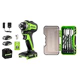 Greenworks 24V Brushless Cordless Impact Driver Kit, Batteries and Charger Included, with 11-Piece Wood Drilling Bit Set