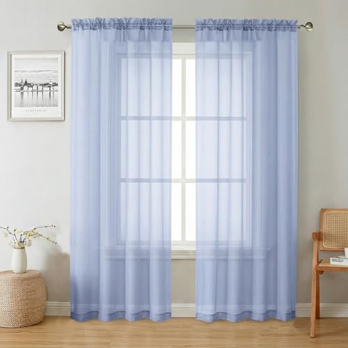 Lecloud Denim Blue Sheer Curtains 72 Inches Long 2 Panels, Rod Pocket Light Filtering Curtains for Living Room Bedroom Dining Room, Voile Farmhouse Solid Drapes for Windows, Each Panel 42" W x 72" L