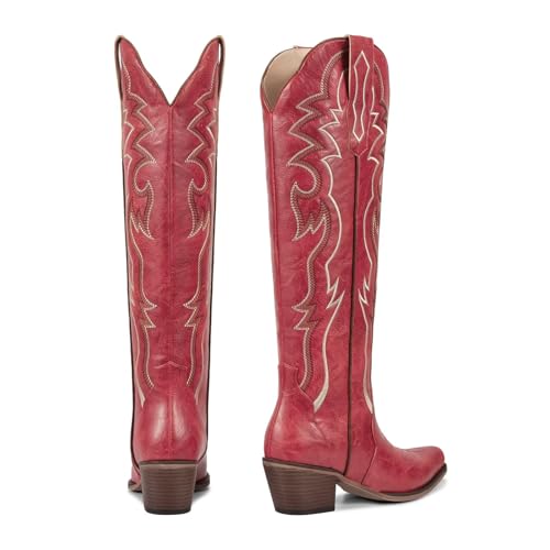 Image of wetkiss Cowboy Boots for Women Knee High, Low Heeled Stable and Comfortable | Knee High Cowgirl Boots,Western Boots with Embroidery,Pull On,Slip On,Non-slip Rubber Sole,Soft and Breathable PU Leather