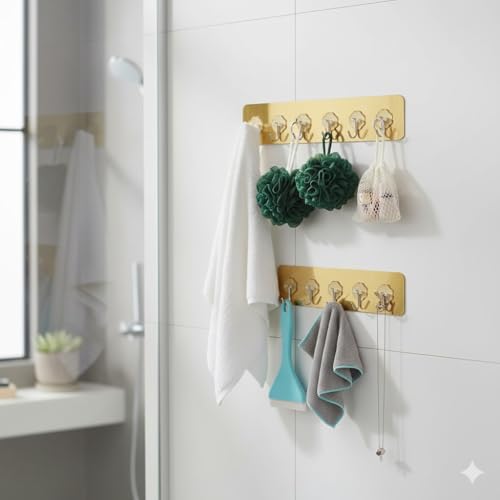 Image of Self Adhesive Wall Hooks for Kitchen Organizer Hook for Wall Without Drilling for Home Kitchen Bathroom Bedroom Keys Bag Towels - 6 Stainless Steel Hook with Plastic Strip (Golden Pack of 2)