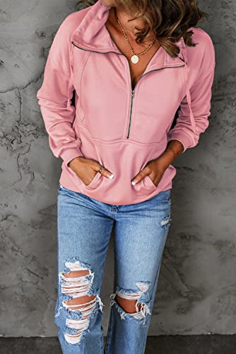 Image of PRETTYGARDEN Women's Casual Long Sleeve Zipper Sweatshirt Drawstring Loose Quarter Zip Pullover Tops with Pockets